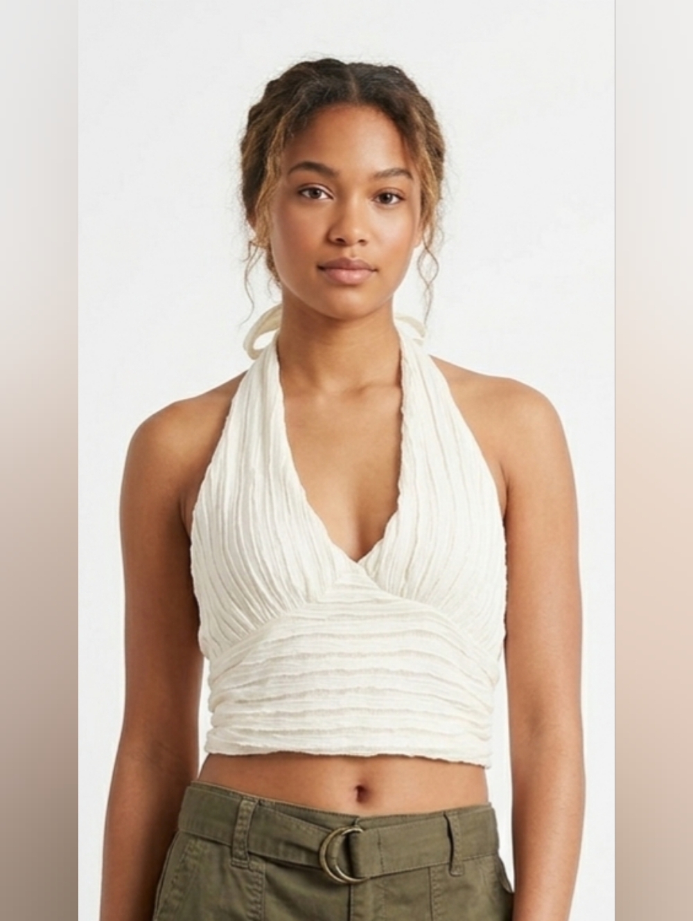 Cream Halter Crop Top Ruched Smocked Back Boho Festival Summer Bow Girlhoodcore